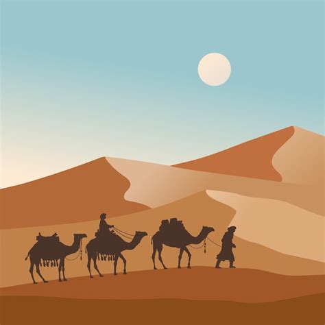 Ilustração vetorial de uma caravana de camelos atravessando o deserto