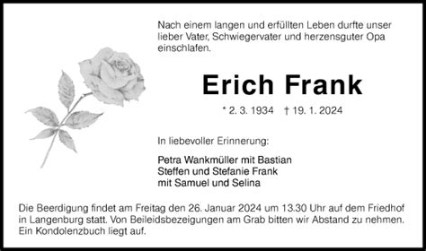 Traueranzeigen von Erich Frank Südwest Presse Trauer