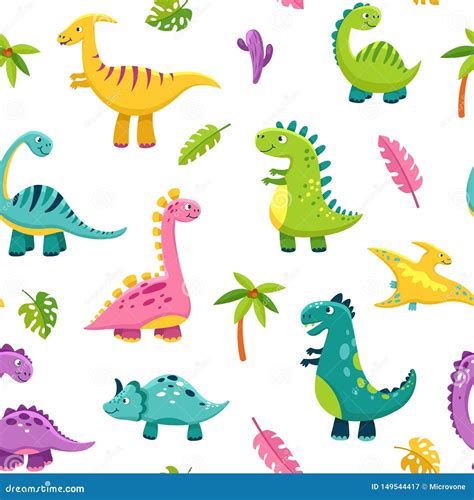 Dinosaur Seamless Pattern. Cartoon Cute Baby Dino Funny Monsters ...