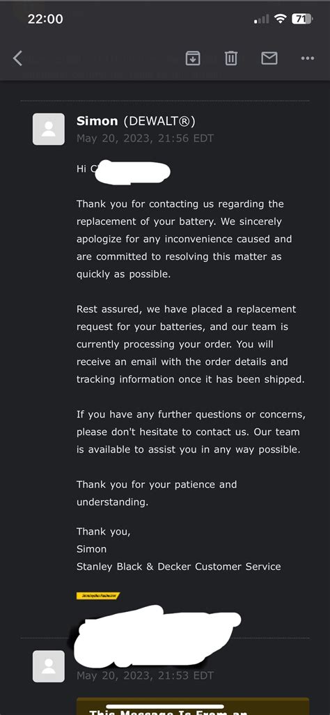 Got to love DeWalt customer service. Three minutes later and my