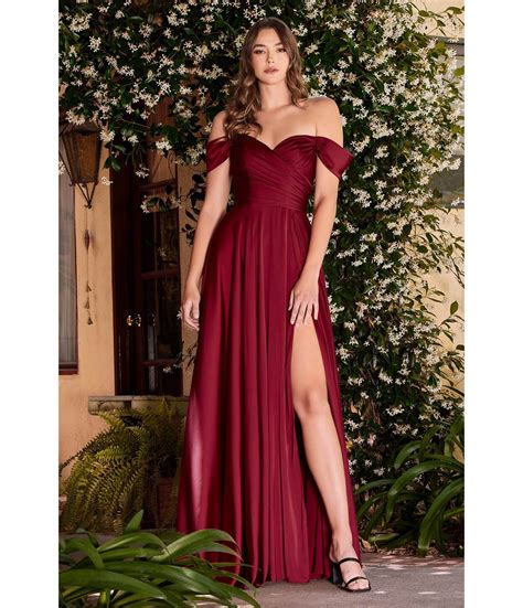 Cinderella Divine Burgundy Satin Off The Shoulder Bridesmaid Gown