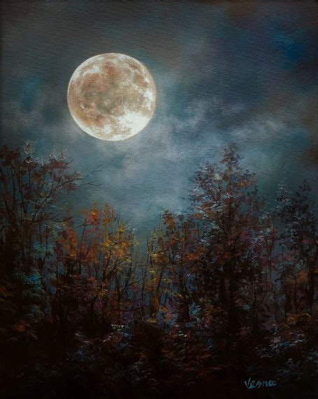 A Painting Of A Full Moon In The Night Sky Above Trees And Bushes With