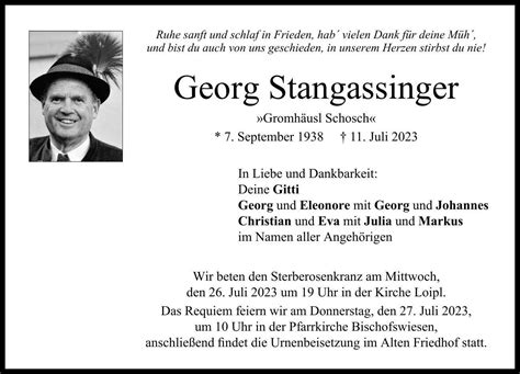 Trauer TA Georg Stangassinger Anzeigen Aus Ihrer Heimatzeitung Im