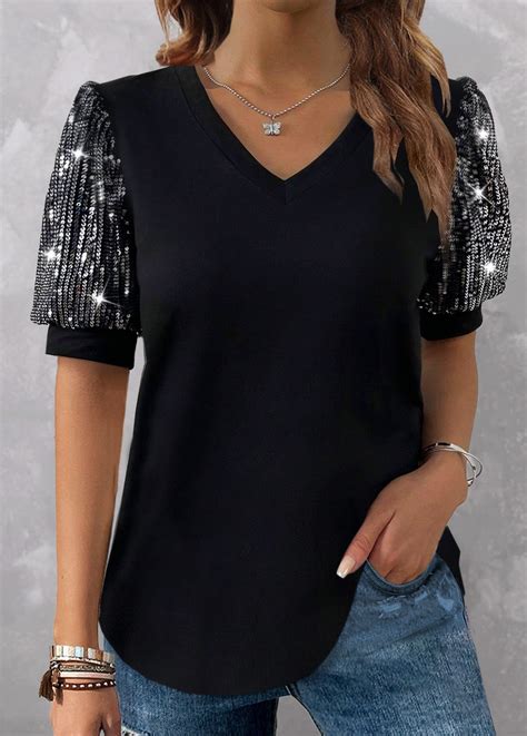 ROTITA Plus Size Sequin Black V Neck T Shirt Rotita USD 20 98