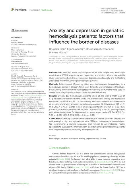 Pdf Anxiety And Depression In Geriatric Hemodialysis Patients