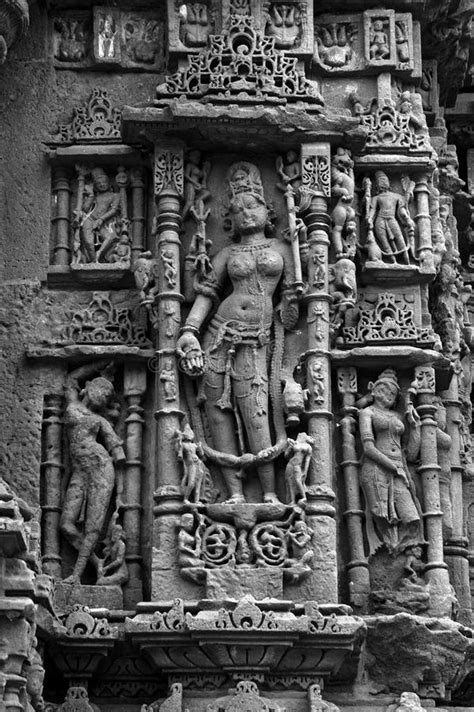 Black and White Photo of Relief Carving on the Wall of Modhera Sun ...