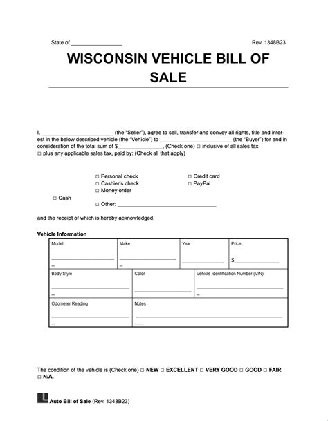 Free Wisconsin Motor Vehicle Bill Of Sale Form Pdf And Word