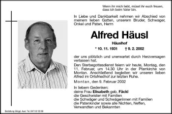 Traueranzeigen von Alfred Häusl Trauer bz