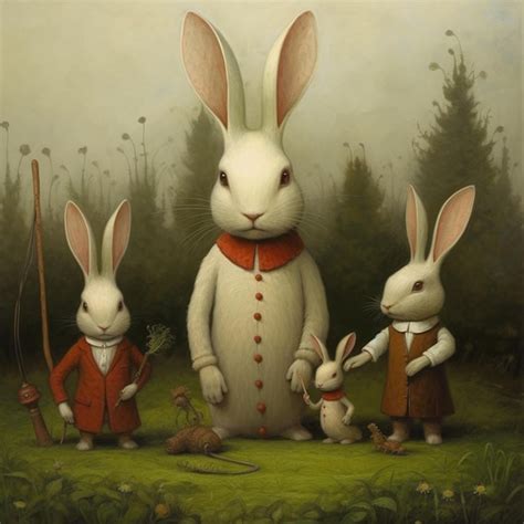 Premium Ai Image Painting Of Three Rabbits In A Field With A Man And