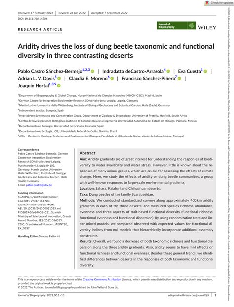 PDF Aridity Drives The Loss Of Dung Beetle Taxonomic And Functional