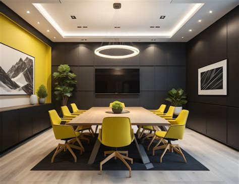 Premium AI Image | Yellow meeting room design in minimalist style with glass walls