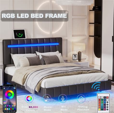 Floating Bed Frame with LED Lights and USB Charging,Modern Upholstered ...