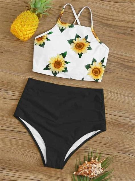 Women Sunflower Print Lace Up Back Bikini Set In 2021 Cute Bathing