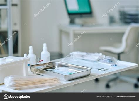 Close Medical Supplies Table Clinic Preparing Medical Procedure Stock