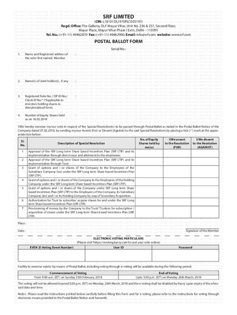 Fillable Online SRF POSTAL BALLOT FORM Pdf Fax Email Print PdfFiller