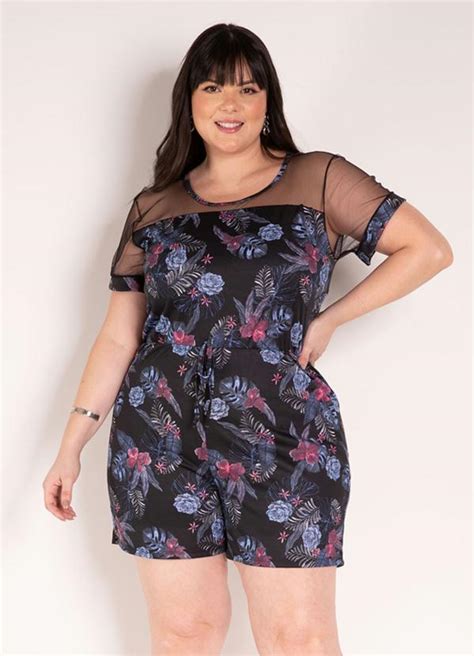 Macaquinho Floral Preto Tule Plus Size Marguerite