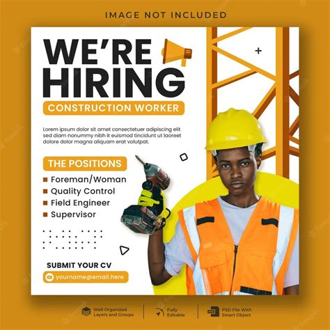 Premium Psd We Are Hiring Construction Worker Social Media Post Template