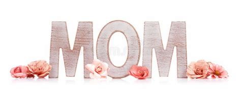 Mom Wooden Letters With Paper Flowers Isolated On White Stock Image