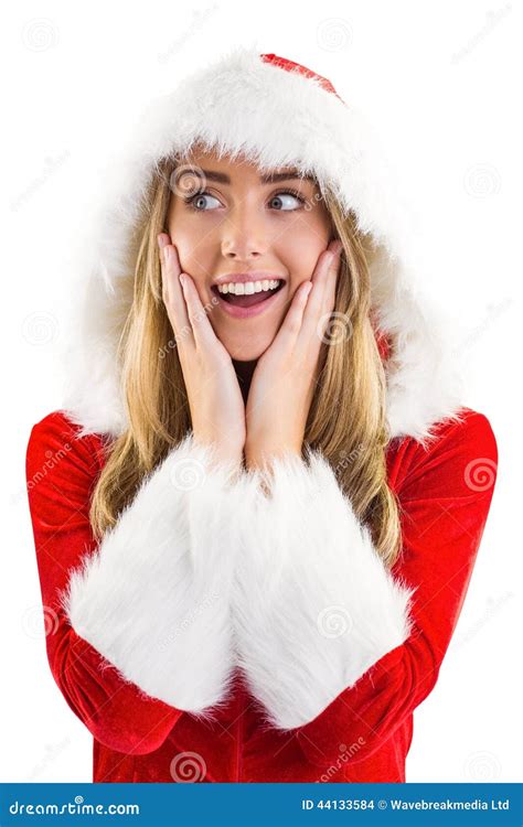 Jolie Fille De Santa Avec Des Mains Sur Le Visage Photo Stock Image