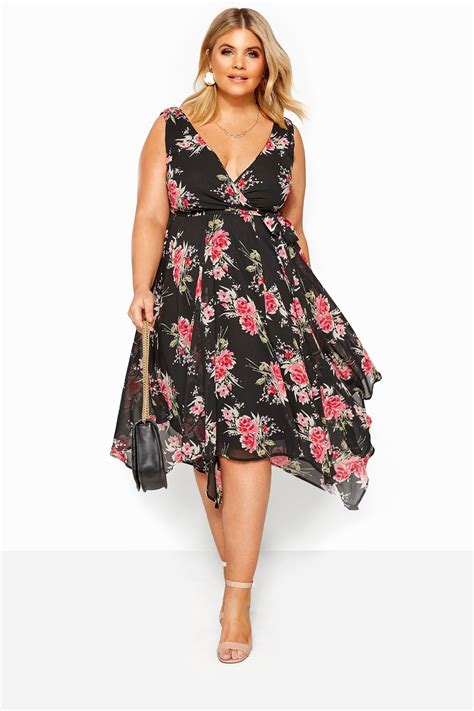 Black Pink Floral Hanky Hem Dress Yours Clothing