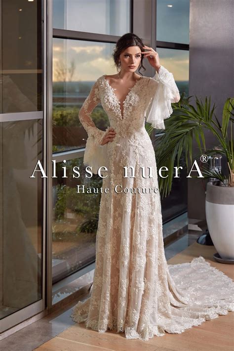 French Lace Vintage Nude Wedding Dress with Flared Sleeves and Lace Tr