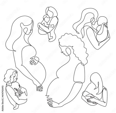 Pregnant Abstract Woman One Line Art Stylized Continuous Contour With Abstract Spots Lady