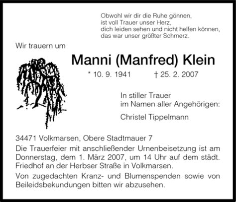 Traueranzeigen Von Manfred Klein Trauer Hna De