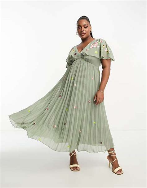 Asos Design Curve V Neck Angel Sleeve Pleat Midi Dress With All Over