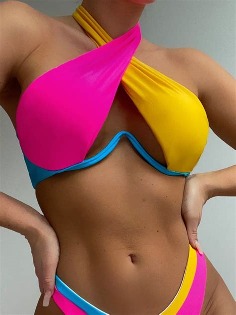 Color Block Push Up Halter Bikini Top SHEIN USA