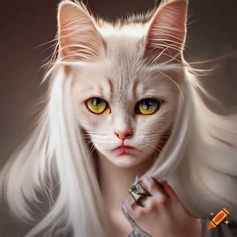 Woman With White Hair Cat Ears And Deep Yellow Eyes Wearing A Long