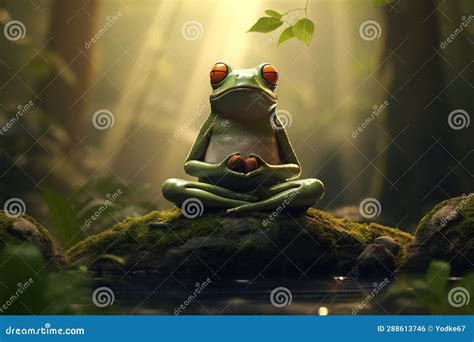 Green Frog Sits In Meditation To Calm His Mind In The Forest Amphibian