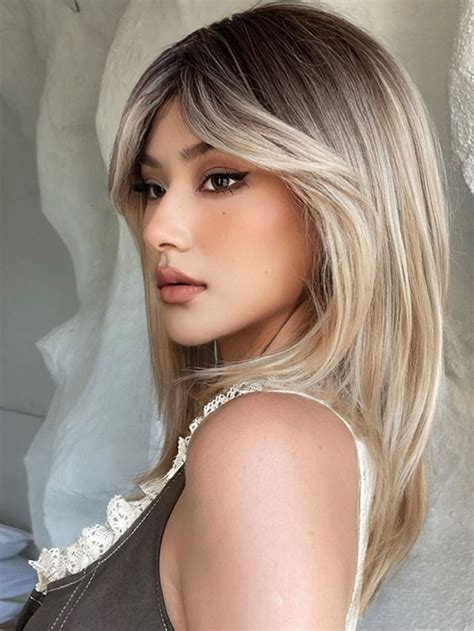 Long Blonde Wigs For Women Synthetic Hair Wig With Fringe Ombre Color With Dark Roots Layered