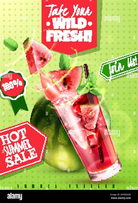 Refreshing Detox Water Summer Sale With Fresh Watermelon Mint Leaves Drink Glass Realistic