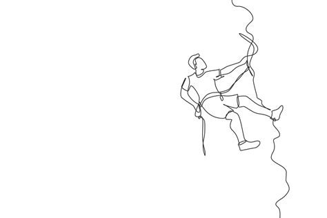 One Single Line Drawing Of Young Active Man Climbing On Cliff Mountain