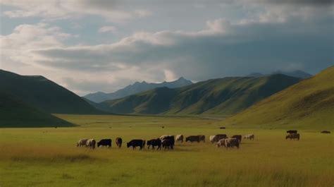 Premium Ai Image A Herd Of Cows In A Green Field With Mountains In