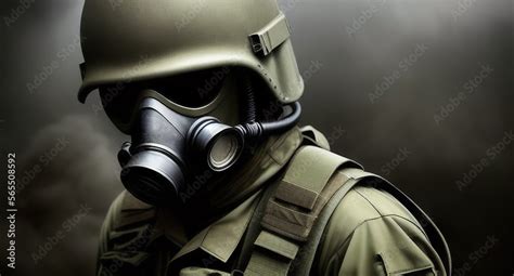 Modern Military Soldier With Gas Mask Concept Art Blurred Backdrop