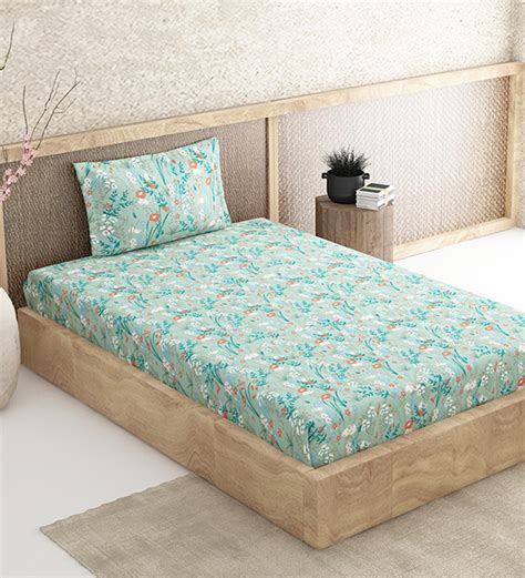 Buy Blue Floral 120 Tc 100 Cotton Single Bed Sized Bed Sheets With 1