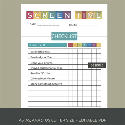 Editable Screen Time Chore Chart Printable Screen Time Chart Checklist