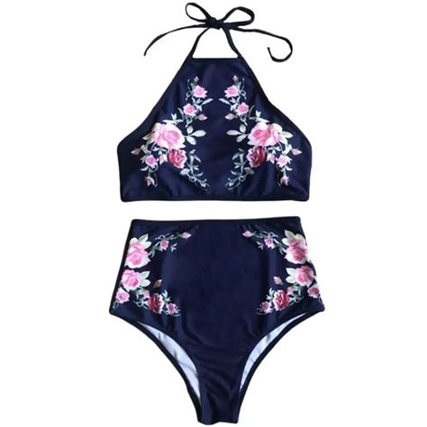 Retro Flower Swimwear Halter Neck Bikini Padded Navy Summer Bathing