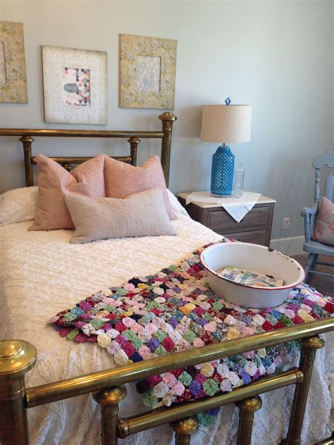 Grandmas Room Is Vintage Chic Antique Brass Bed With Antique Style Bedding And Throw Pillows