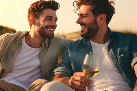 Gay Couple Drinking Wine On The Beach Premium AI Generated Image