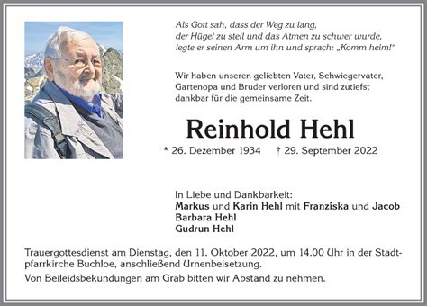 Traueranzeigen von Reinhold Hehl Allgäuer Zeitung