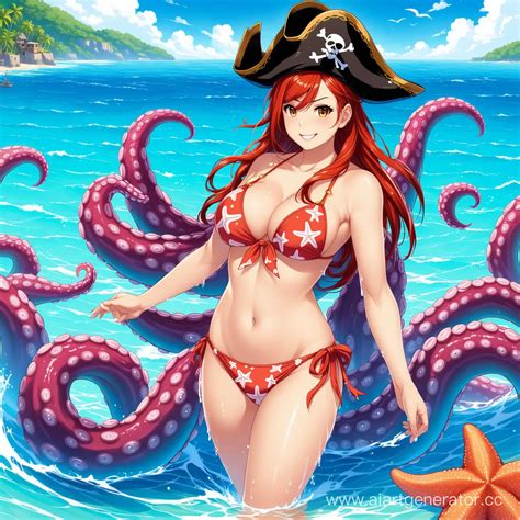 Adventurous Girl In Starfish Bikini Encounters Tentacled Pirate Queen By The Sea AI Art Generator