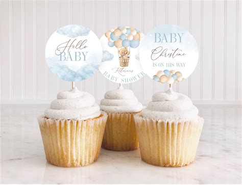 Editable Bear Blue Air Hot Balloon Baby Shower Cupcake Toppers Blue