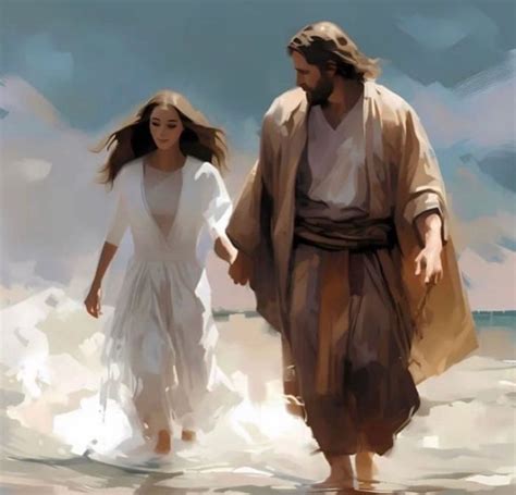 A Painting Of Jesus And A Woman Walking On The Beach