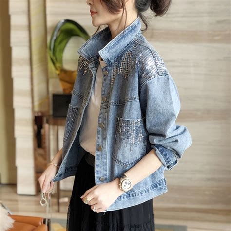 Blue Short Sequin Pocket Denim Jacket Womens Casual Denim Spring Autumn New Loose Fashion Jeans