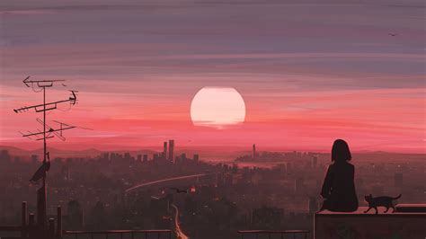 Sunset City Scenery Anime Girl 4K 4940i Wallpaper PC Desktop