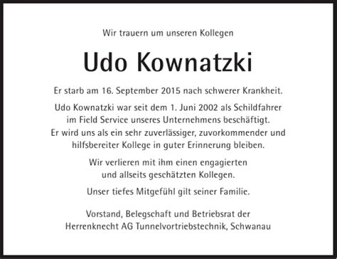 Traueranzeigen Von Udo Kownatzki Aachen Gedenkt