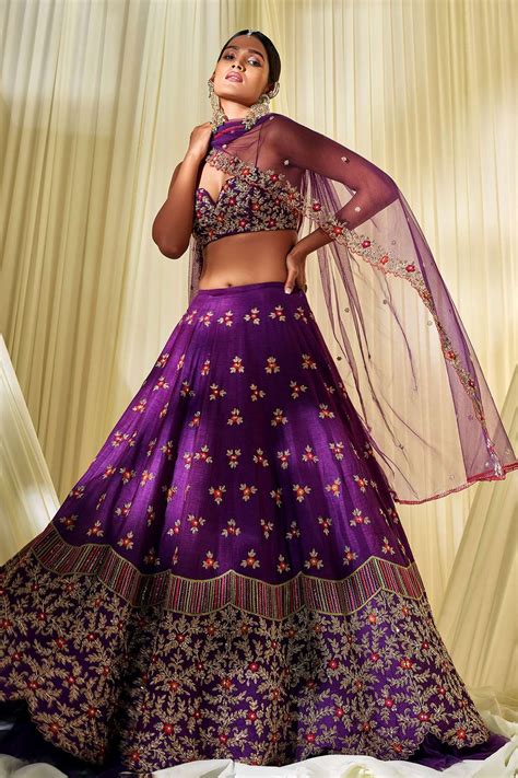 Buy Disha Muchhala Purple Silk Floral Embroidered Lehenga Set Online