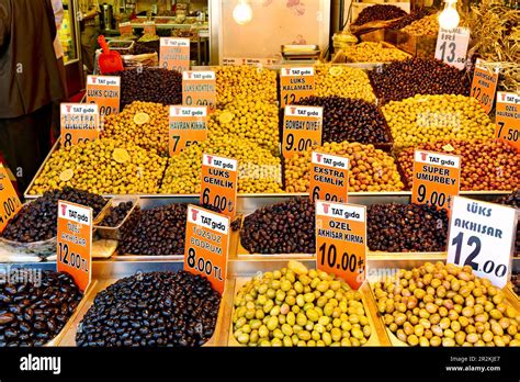 Istanbul Turkey. Choice of olives at the Grand Bazaar covered market ...